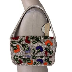 NWT Viral Hand Beaded Beige Floral Clutch Bag Evening Purse Handmade in India